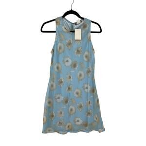 Vintage Y2K Aqua Blues Womens Dress M Light Blue Tan Floral Sheer Mini